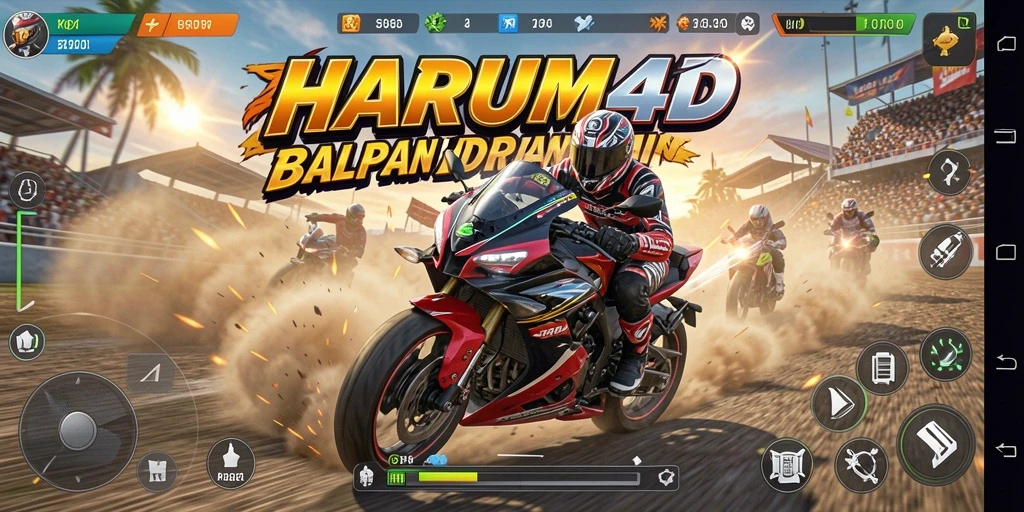 Screenshot gameplay HARUM4D menunjukkan aksi balapan motor yang mendebarkan.