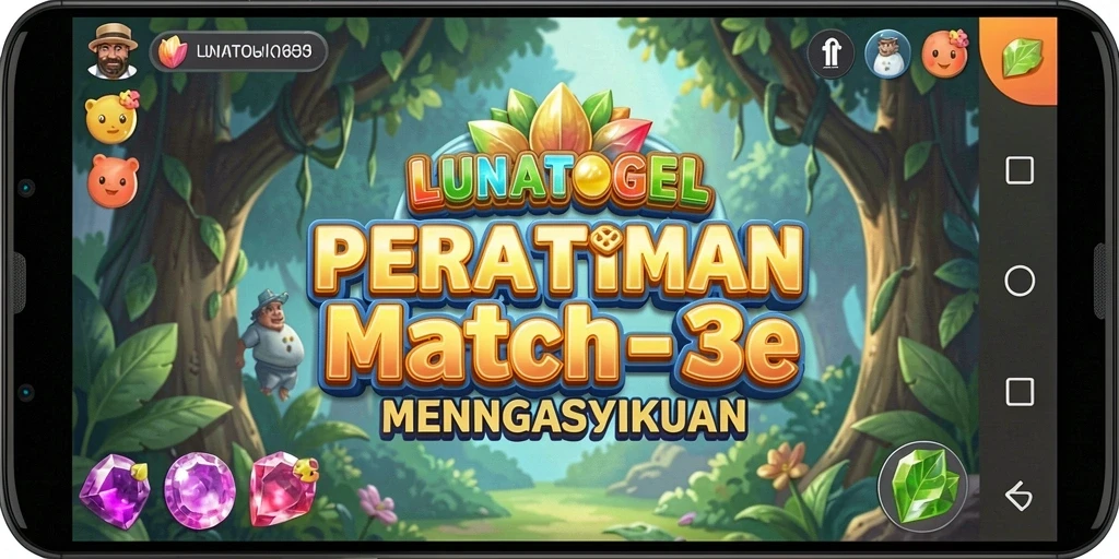 Tampilan gameplay LUNATOGEL dengan level Level Match-3 yang penuh warna.