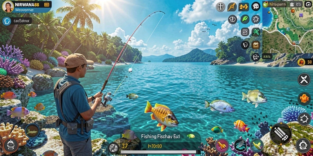 Tampilan gameplay seru NIRWANA88 saat memancing ikan di laut.