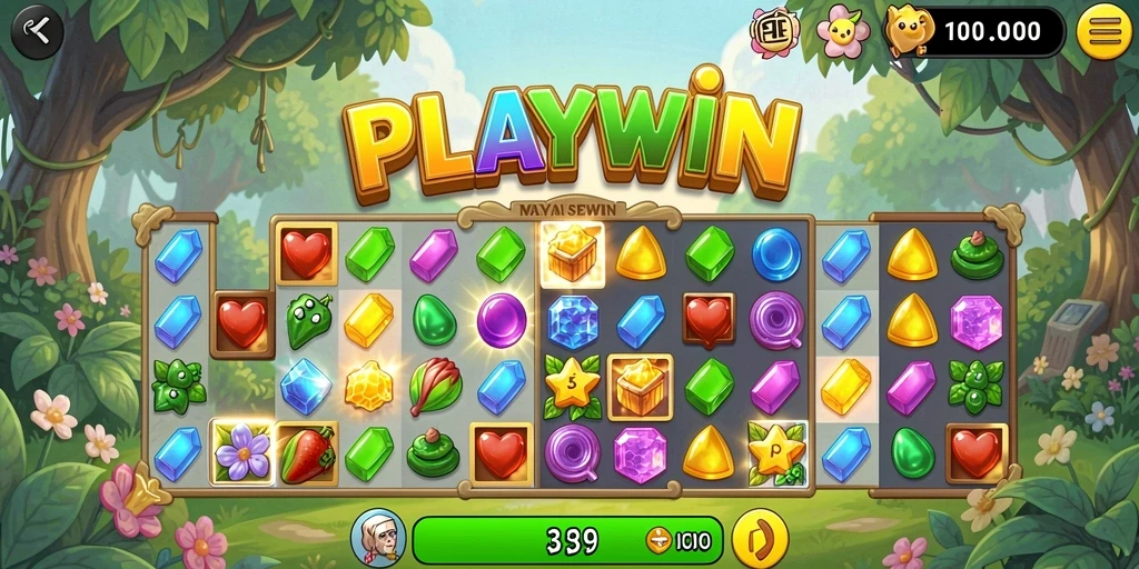Tampilan gameplay Match-3 yang seru dan penuh warna.